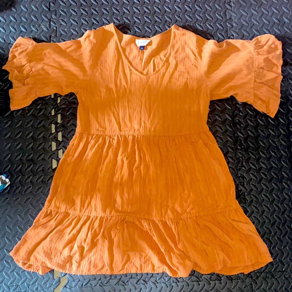 Whimsy,orange shirt-skirt, ruffle hemmed sleeves and bottoms,
